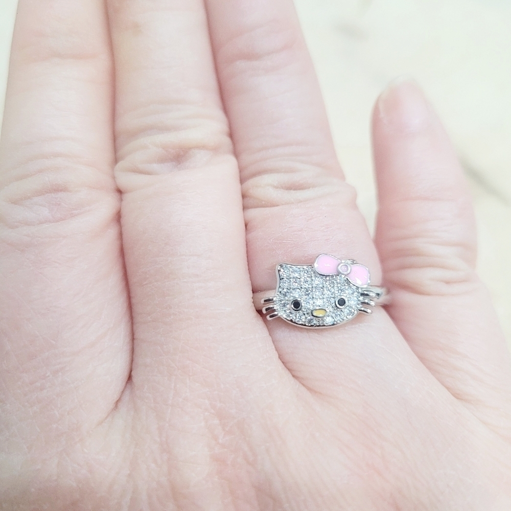 Brand New Hello Kitty S925 Silver Pink Ribbon Rhinestone Ring Adjustable Size